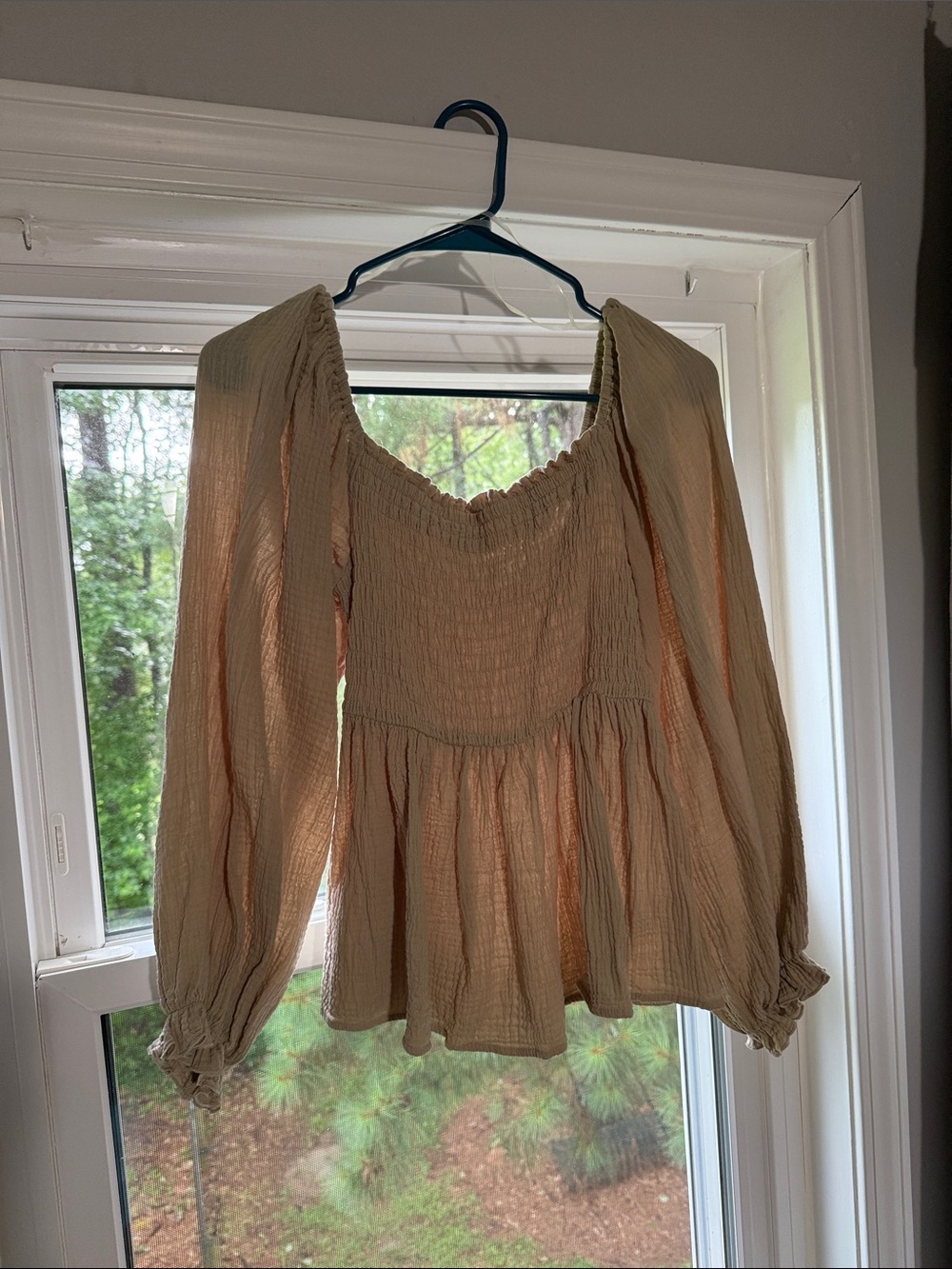 BiBi Cream Smocked Peasant Blouse with Peplum Hem